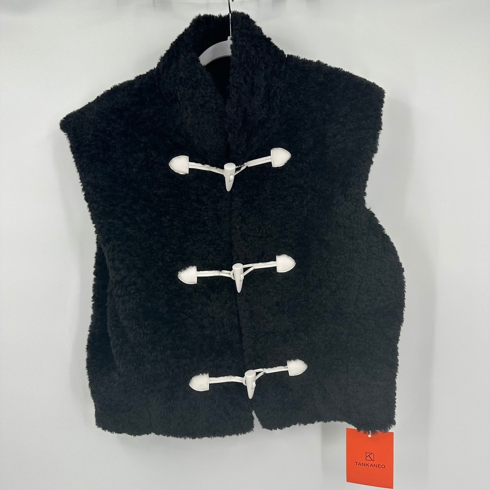 Womens Band Jacket Vest Size M Teddy Faux Fur Toggle Closure Monochrome Boho